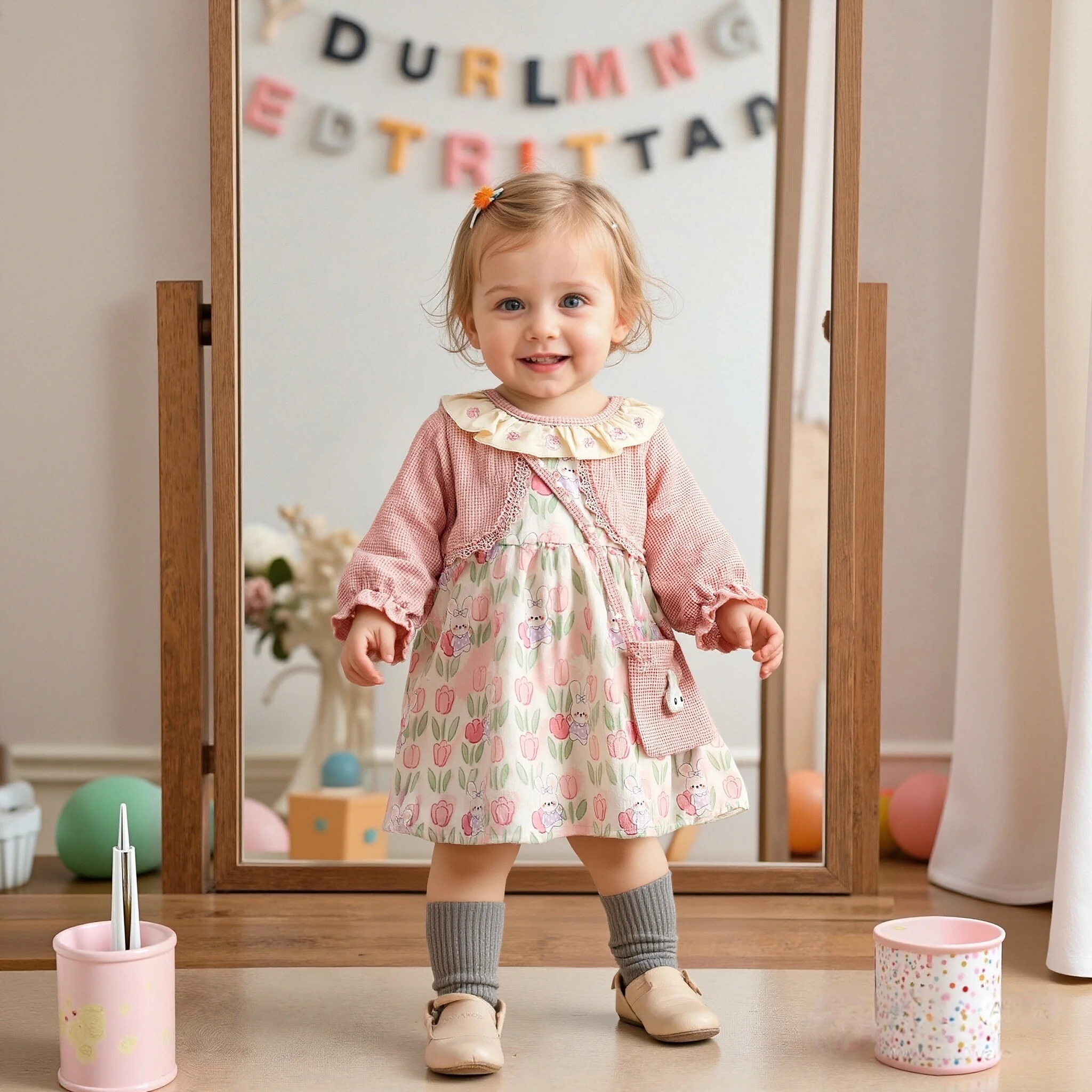 

Baby Girl Birthday Party Dress Tulip Rabbit Pattern Fake Two-Piece Design Baby Girl Dress Cute Casual Girls' Dress With Bag