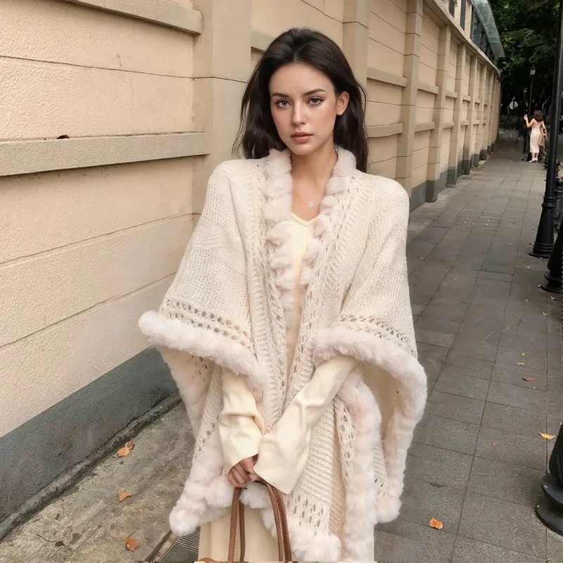 

New Poncho Chinese-Style Autumn/Winter Qipao Wrap Dress with Lazy-Fit Fried Dough Twists Knit Cape Thickened Fur-Like Cloak