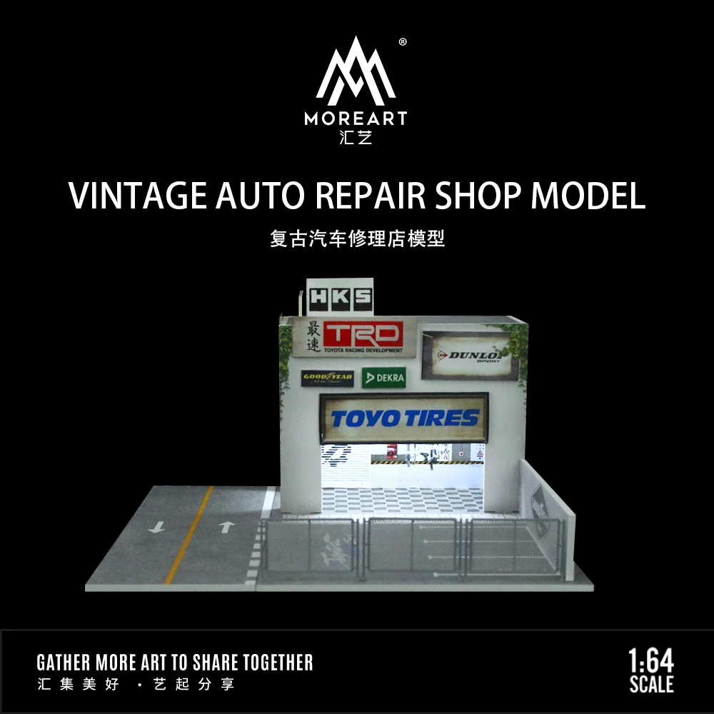 

MoreArt: 1:64 Vintage Auto Repair Shop Light Version Scene Model,Car Parking lot For Display /Gifts
