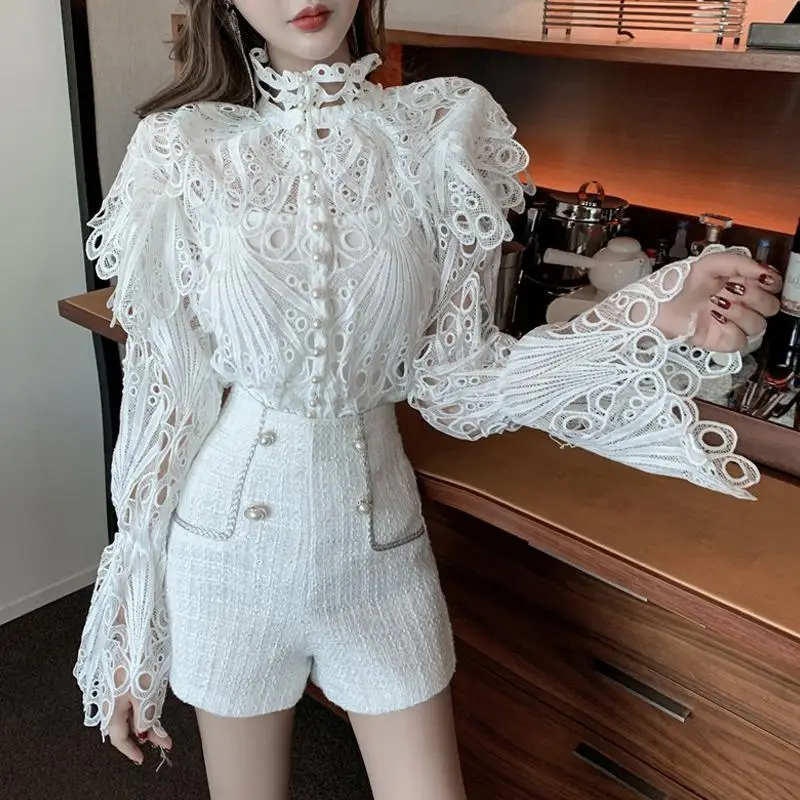 Women French Vintage Lace Chic Solid Hollow Out Turtleneck Retro Palace Trumpet Long Sleeve Beading Button Sexy White Blouse Top