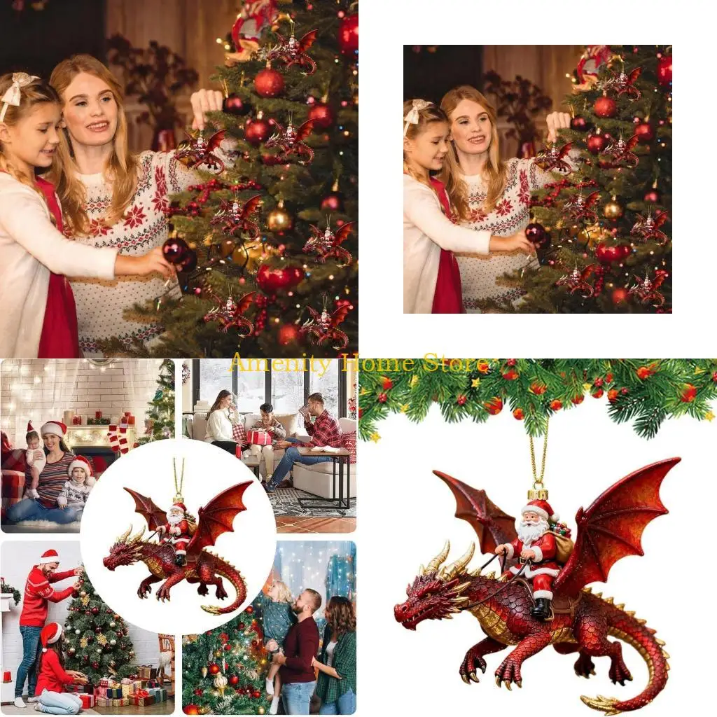 F26C Fantasy Resin Santa Riding Dragon Pendant, Christmas Tree Pendant, Sculpting Holiday Hanging Ornament for Indoor Seasonal