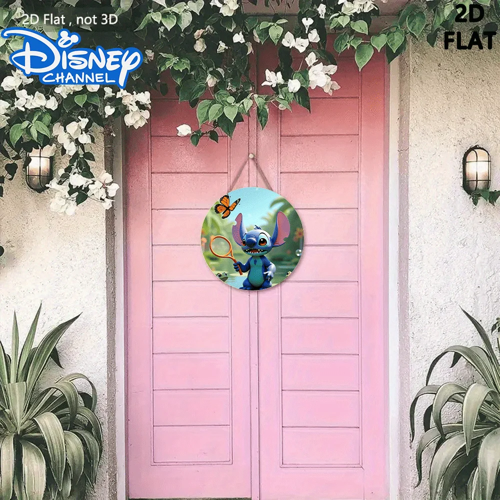 لافتة باب خشبية لمضرب الفراشة من ديزني ستيتش ثنائية الأبعاد - ديكور حائط من الخشب الاصطناعي الدائري مع تصميم غرزة وفراشة، C