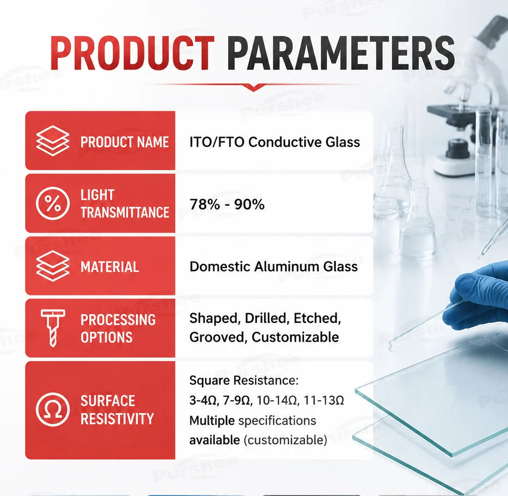 20 Stück FTO-leitfähiges Glas, 1,1/1,6/2,2/3,2 mm Dicke, 7–9 Ω, 13–15 Ω, Schichtwiderstand, mittleres Aluminium-Glassubstrat für das Labor – Detail 6
