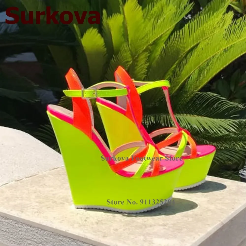 Surkova Neon Yellow Wedge Heel Sandals Orange Pink Patent Leather Patchwork Wedding Shoes Real Photo T-bar Banquet Pumps Size46