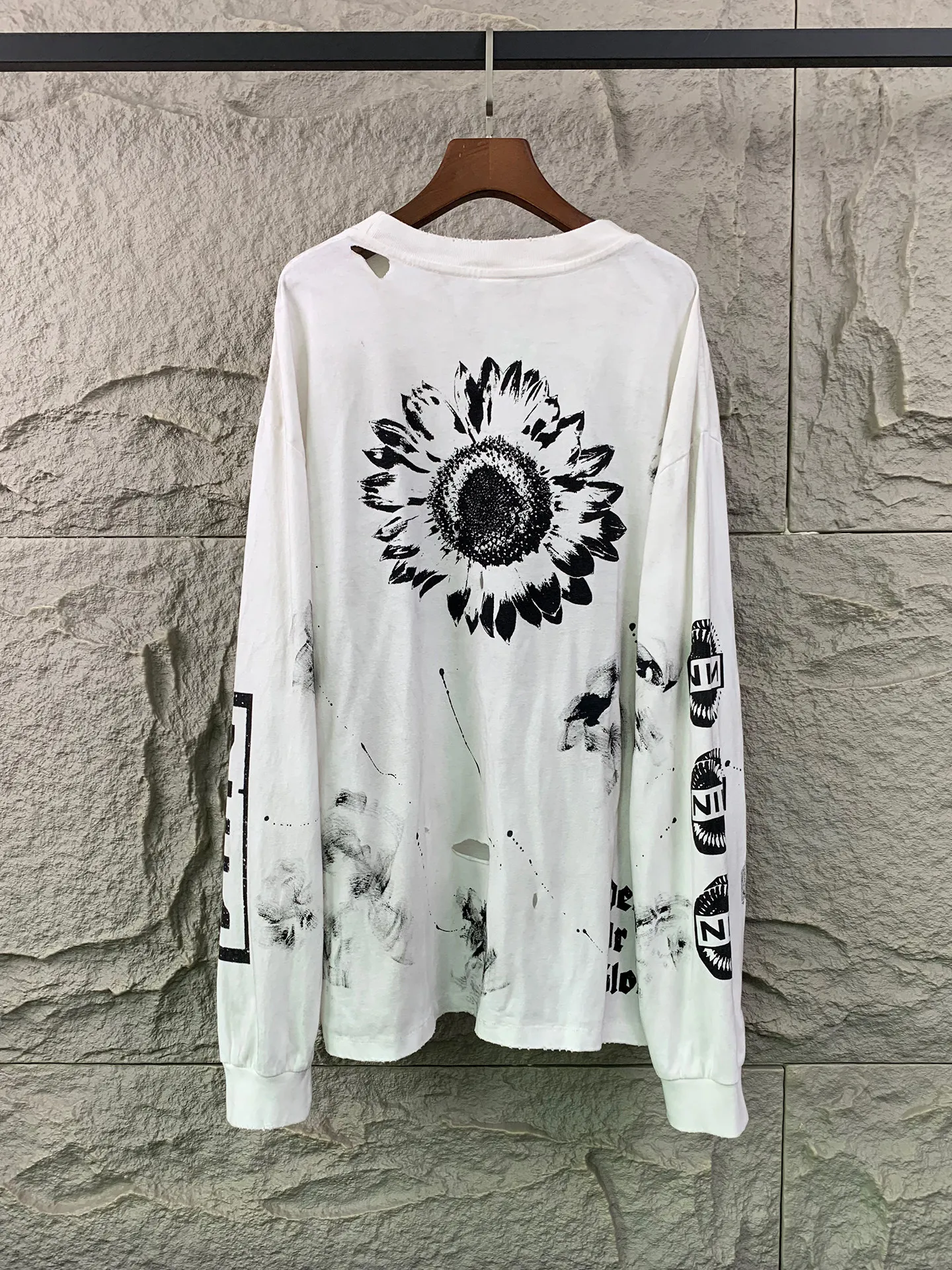 Graffiti Streetwear Hip Hop Manual Destruction New Vintage Tee Death or Glory Printing Long Sleeve T-shirt for Men Clothing