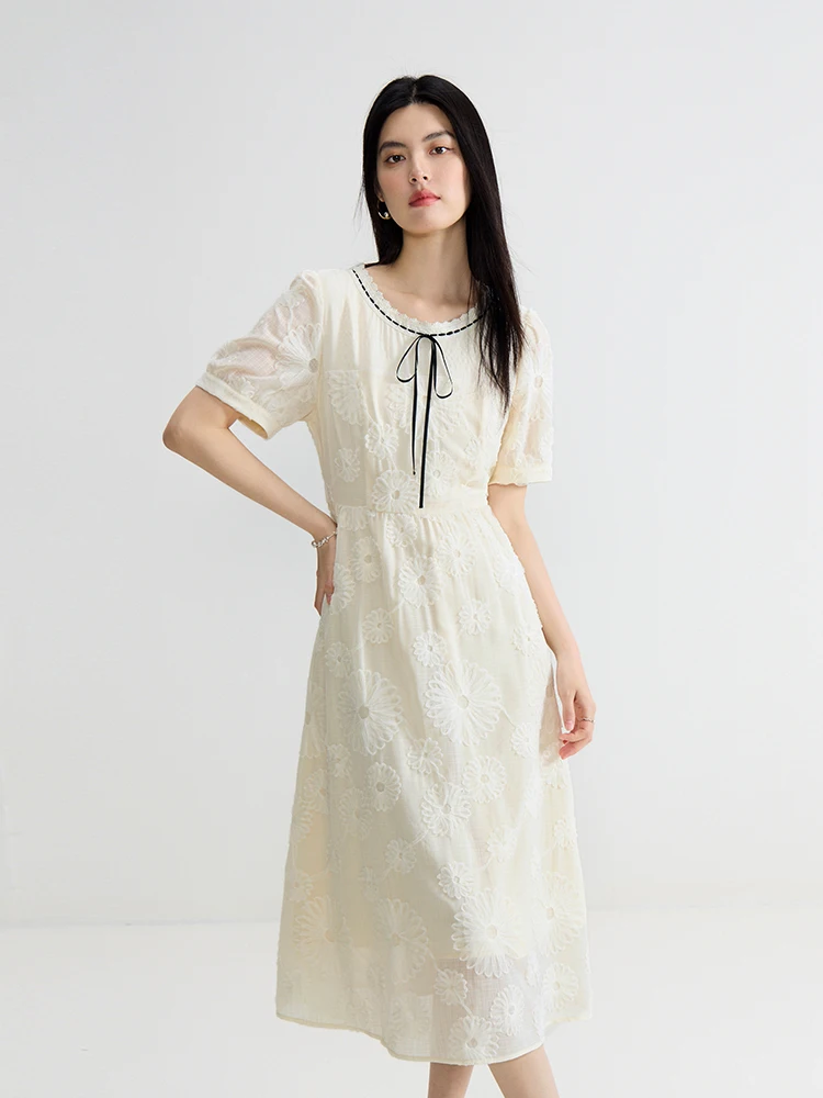 

DUSHU Women Summer Long Dress NecklinE Lace-up Design Female Short Sleeve Dress White Sweet Women A-LINE Dress 24DS82742