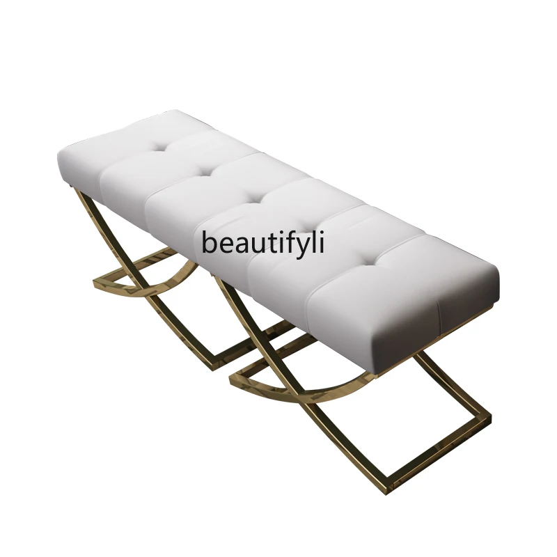 

Bedroom Bed End Stool Imported Flannel Leather Shoe Changing Stool Neoclassical Stainless Steel Long Strip Sofa Stool