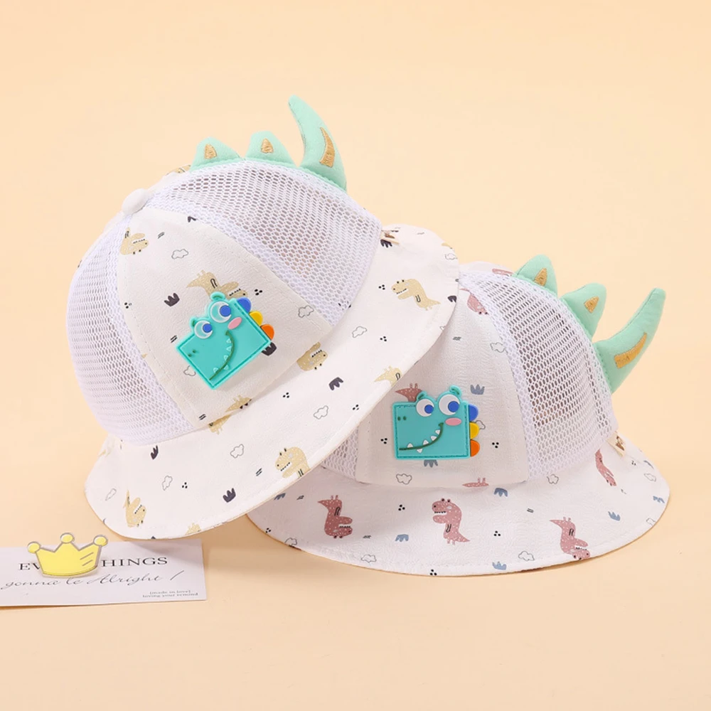 Cartoon Dinosaur Fisherman Hat Summer Mesh  Babies Thin Bucket Hat Caps For Kids 1-3 Years