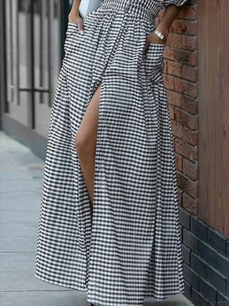 

2026 Women Black White Gingham Plaid Maxi Dress Lapel Collar Flare Sleeve High Waist Pockets A Line Cotton Casual Party Dress
