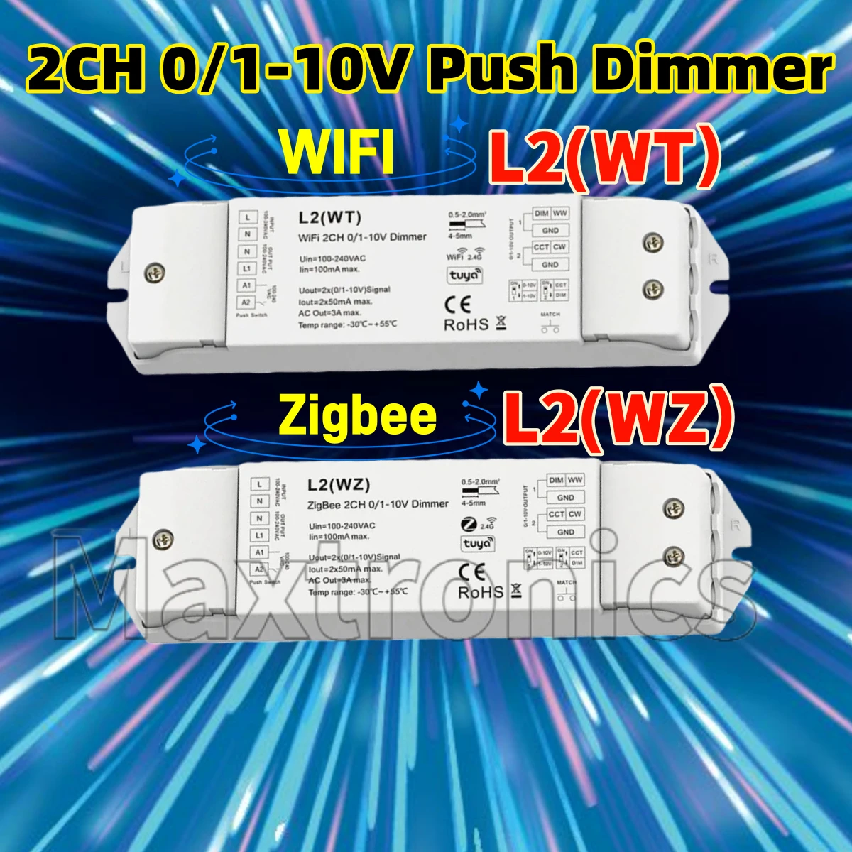 NEW 2CH 0/1-10V Push Dimmer Skydance L2(WT) WiFi / L2(WZ) ZigBee 2.4G 0/1-10V RF Tuya APP DIP Switch 2CH Push Dimmer AC110V 220V