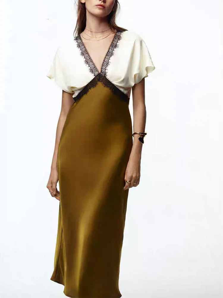 

Faionable Midi Dr 2025 Summer New Arrival Contrast Color Lace Silk Satin Texture Women's Dr ort Sve V-Ne Long ...