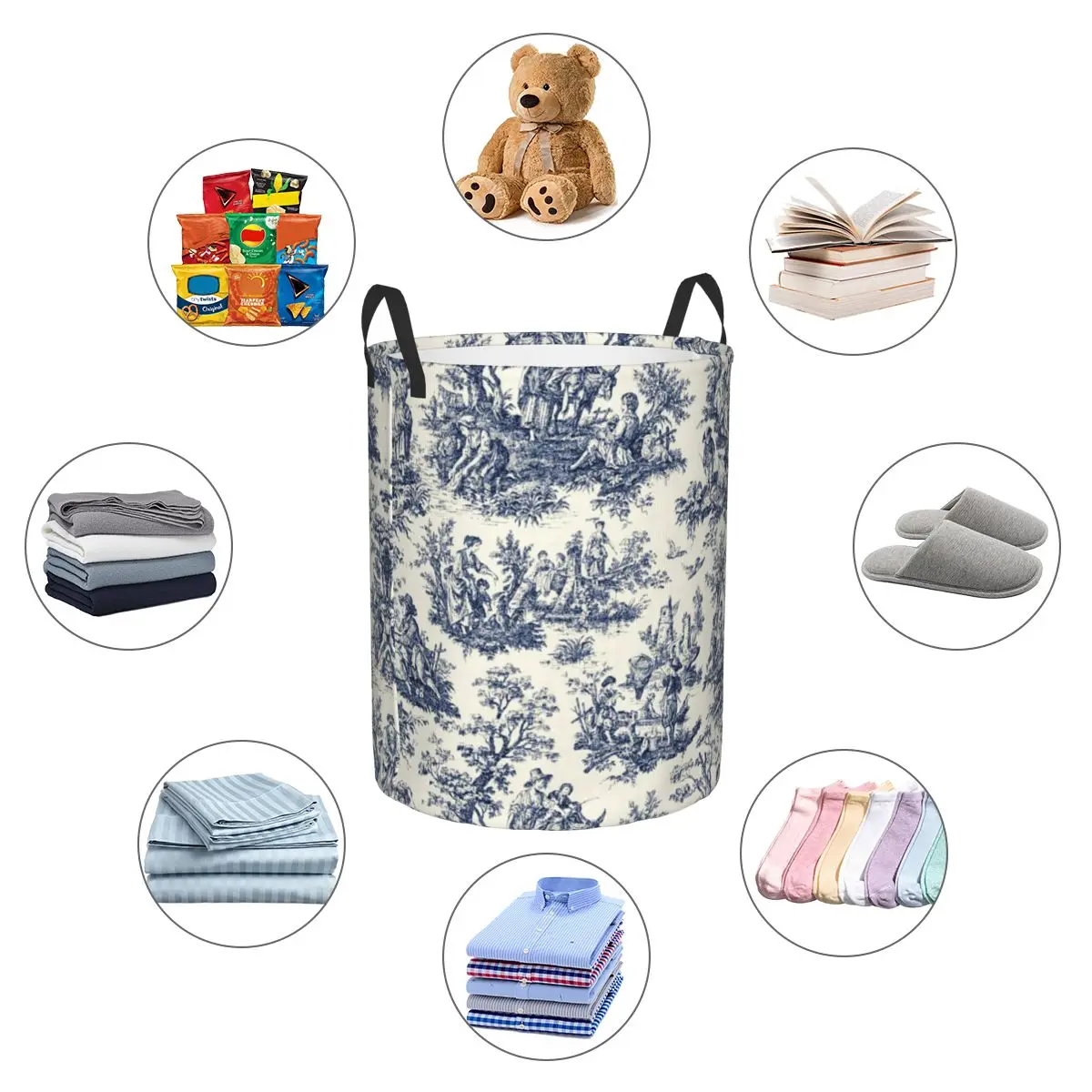 Custom Vintage Toile De Jouy Laundry Basket Collapsible Navy Blue And White Clothes Hamper for Nursery Kids Toys Storage Bag