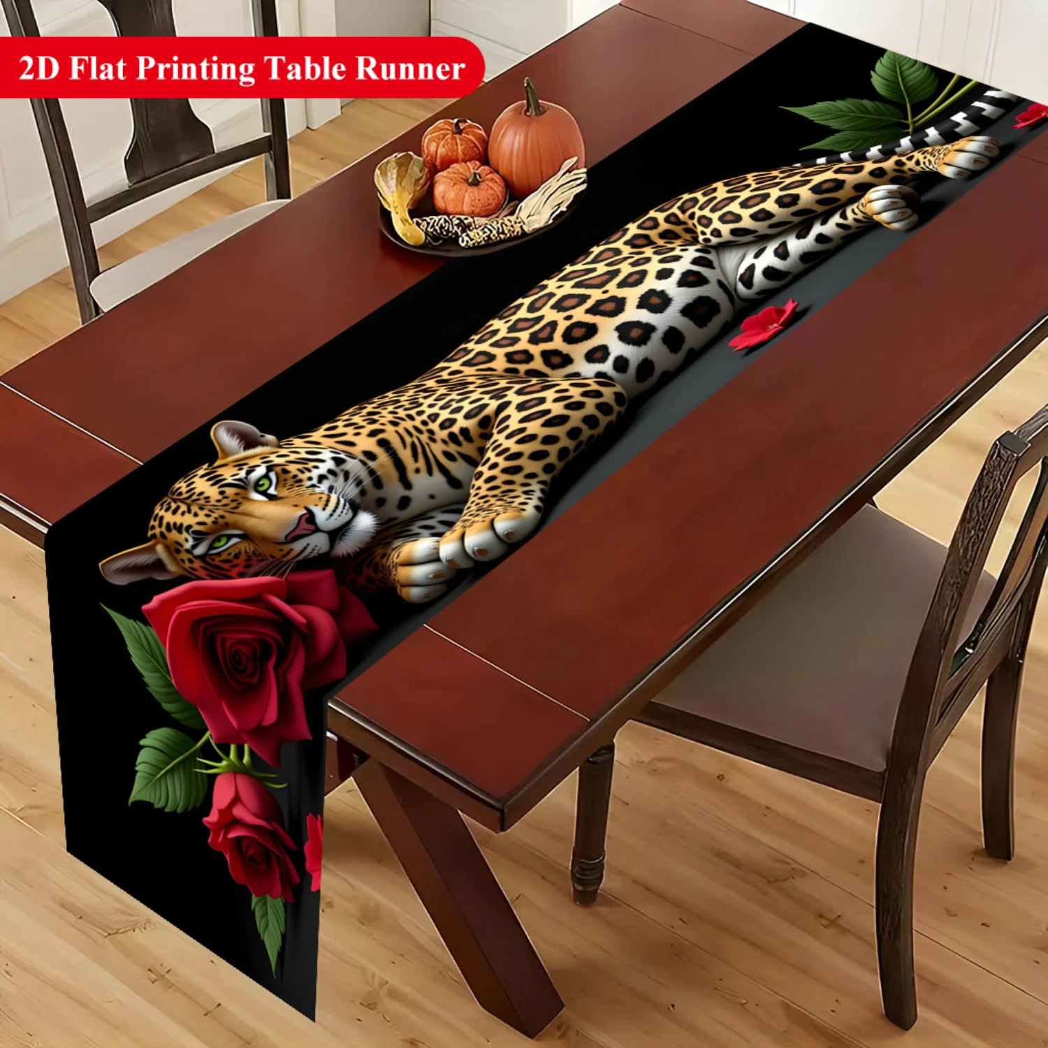 2026 Leopard And Rose Print Table Runner, Bold Wildlife Floral Style Decorative Runner For Dining Table, Parties And Home Decor