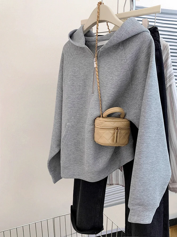 Women Hoodie Harajuku Loose Oversized Solid Color Tops Half Zip Up Sweatshirt Autumn New Casual Long Sleeve Pocket Hooded Coats