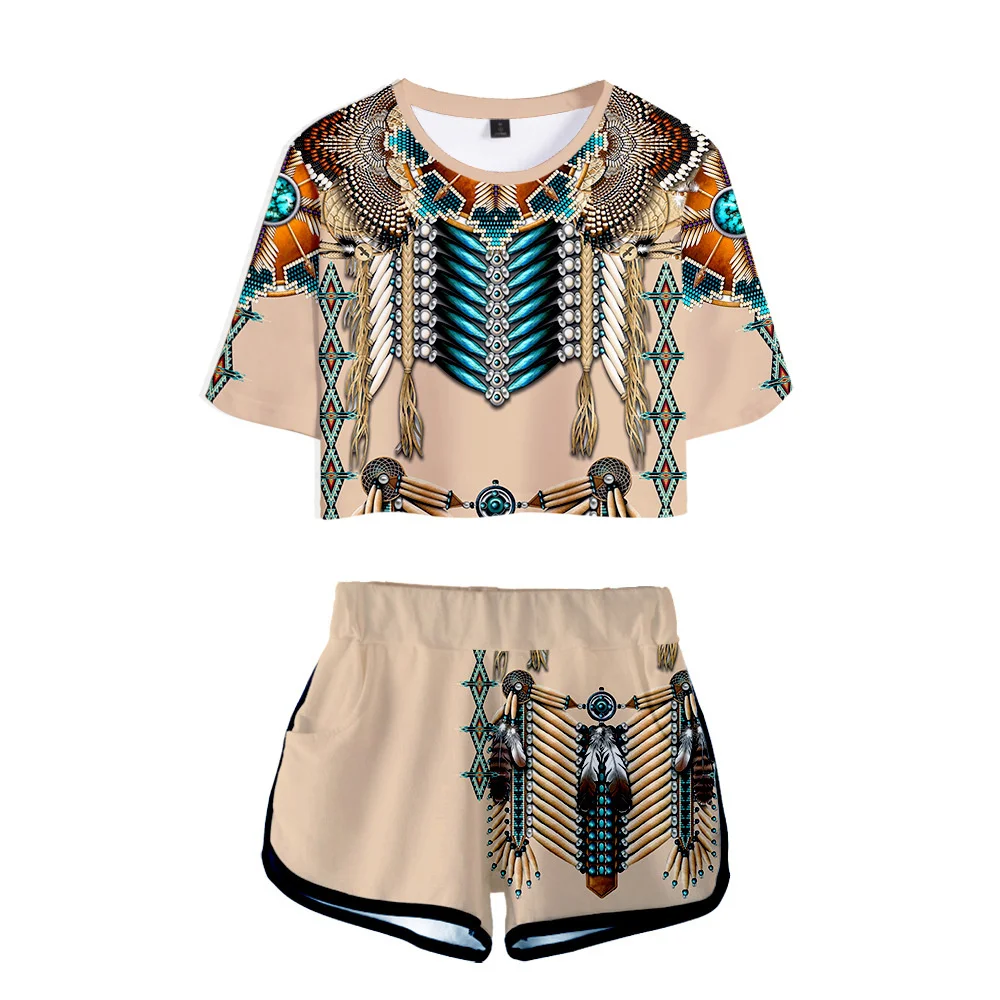 

American Indian Two Pieces Sets Women 3D T Shirts+Shorts Suit Summer Tops Tee Fashion Tshirt Women Clothing Cosplay Costume
