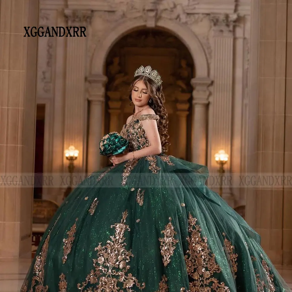 Emerald Green Quincenara Dress 2024 Bow Mexico Gold Lace Vestidos De 15 Años Quinceañera XV Brithday Sweet 16 Dresses Ball Gown