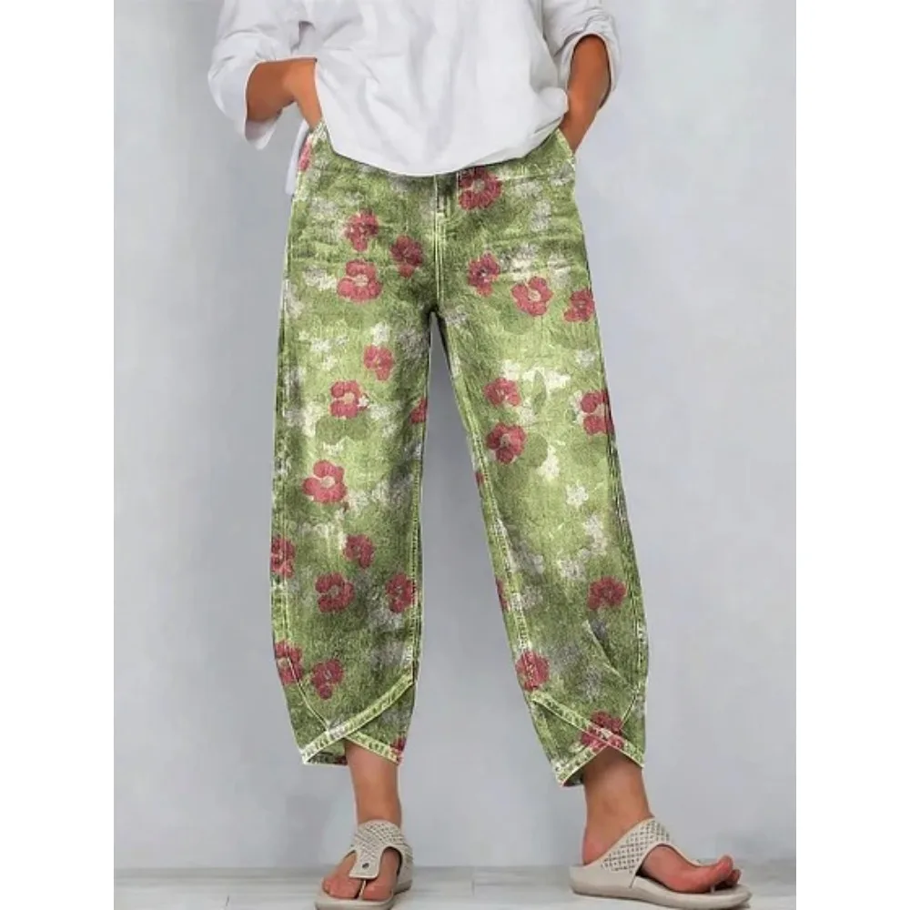 Vintage Blumenmuster Cropped Harem Caprihose Damen Baumwolle Locker Sitzende Tulpen-Wickelhose Knöchellange Freizeithose Sommer Streetwear – Detail 6