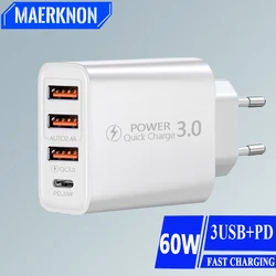 60W Type C Fast Charger Multiple 4 Ports USB Mobile Phone Charger QC 3.0 PD Quick Charging Adapter for Iphone 15 Xiaomi Huawei