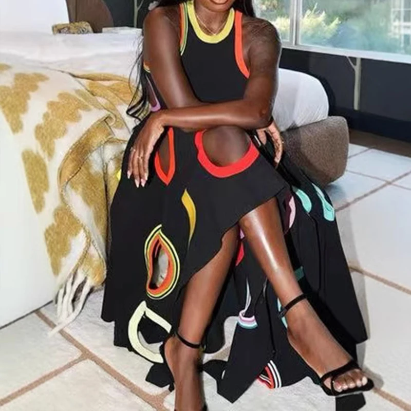 Women Round Neck Circle Hollow Out Pleated A-Line Tank Dress Summer Sleeveless High Waist Long Dresses Holiday Beach Dresses