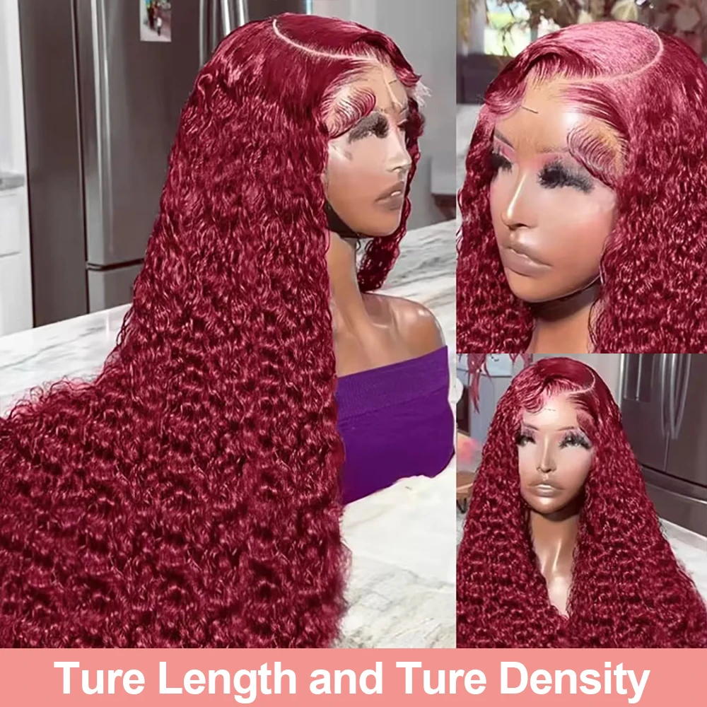 99J Borgogna 13x6 Hd Anteriore Del Merletto Parrucca Dei Capelli Umani 36 40 Pollici di Colore Rosso 13x4 Trasparente Del Merletto Ricci Onda Profonda Frontale parrucche 250%