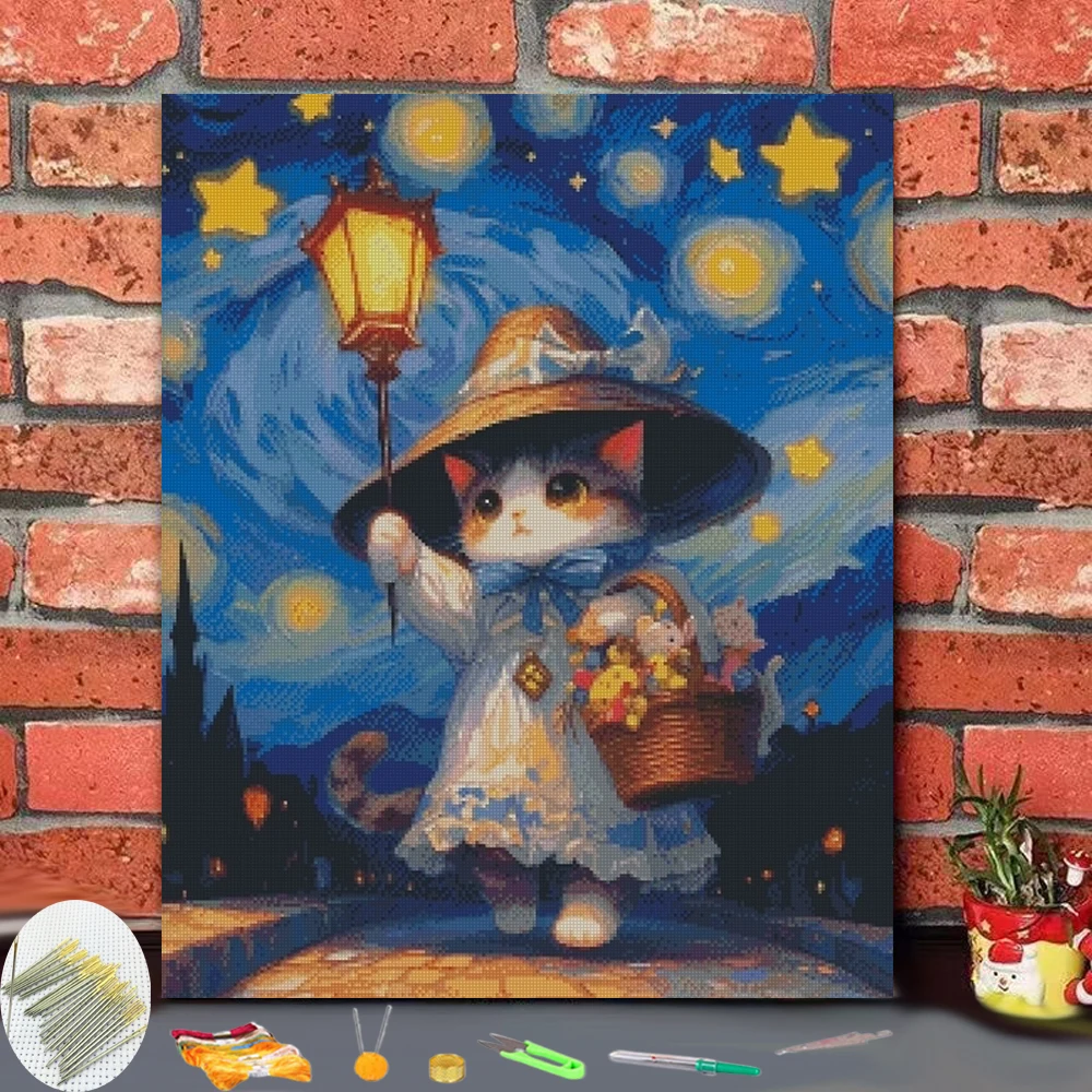 Cross Stitch Embroidery  Cat walking under the starry sky Art Style Thread Chart DIY Needlework Kit Count Print on Can