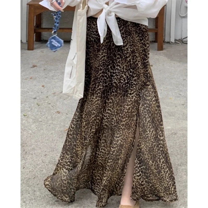 New Summer Chiffon Long Skirt Women Fashion Leopard Print High Waist Split A-line Vintage Skirts Streetwear Y2k Casual Clothing
