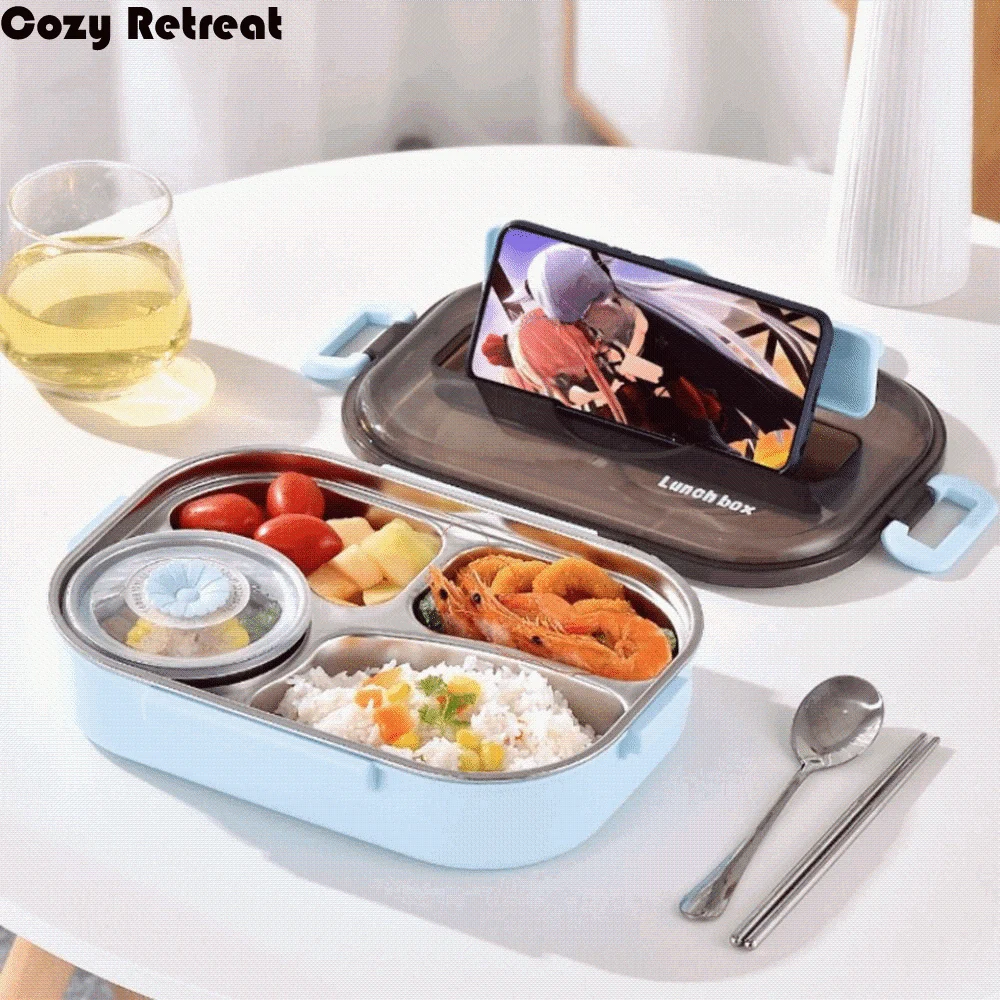 

Stainless Steel Insulated Lunch Box Large Capacity Leak-Proof Four Compartment Box with Chopsticks Spoon with Soup Bowl