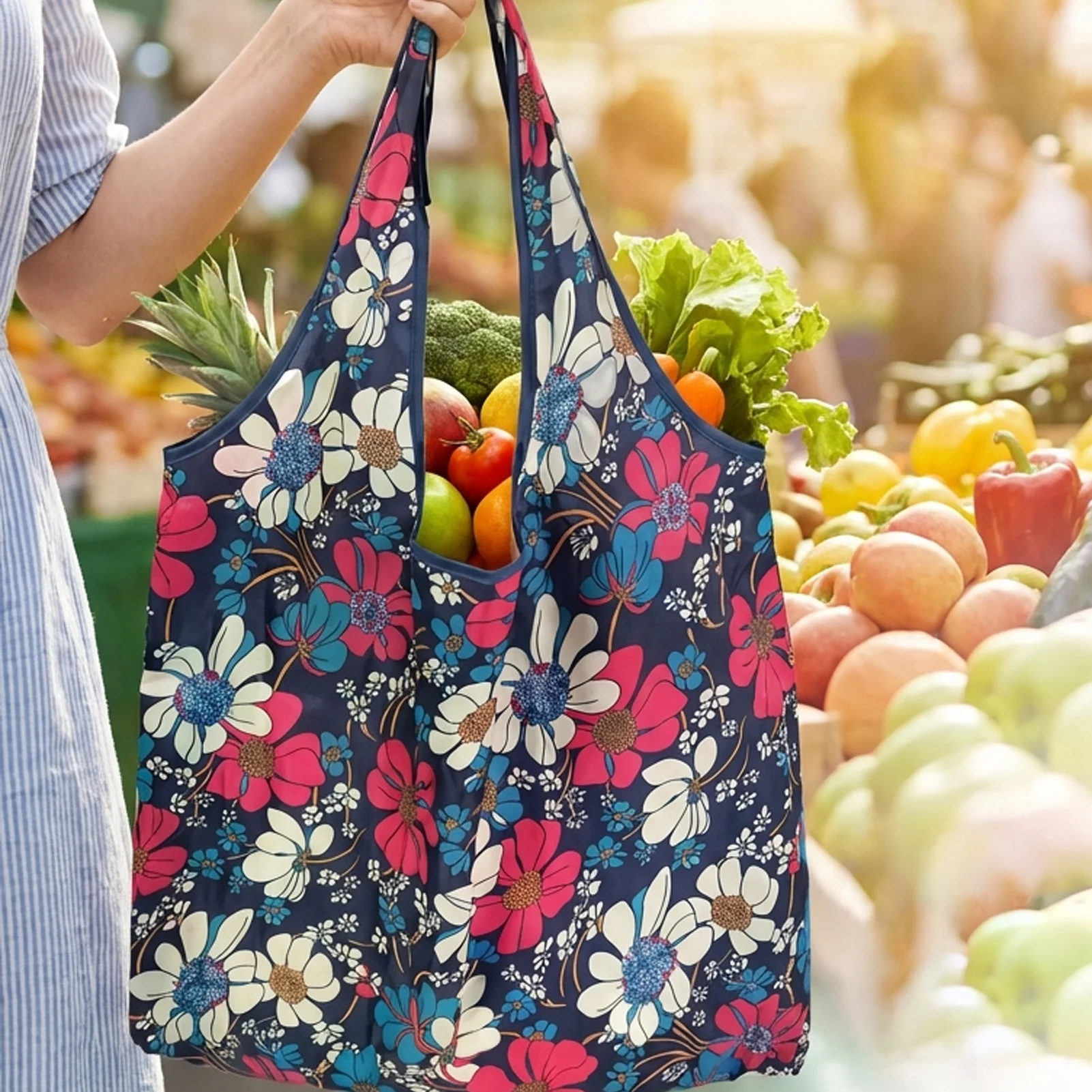 Eco-Friendly Foldable Shopping Bags Large Capacity Reusable Tote with Print Design for Grocery Store Use Portable Carry Handle