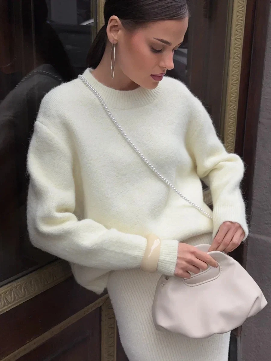 

Женский осенне-зимний свободный свитер с круглым вырезом из длинной шерсти альпаки, пуловеры, джемперы