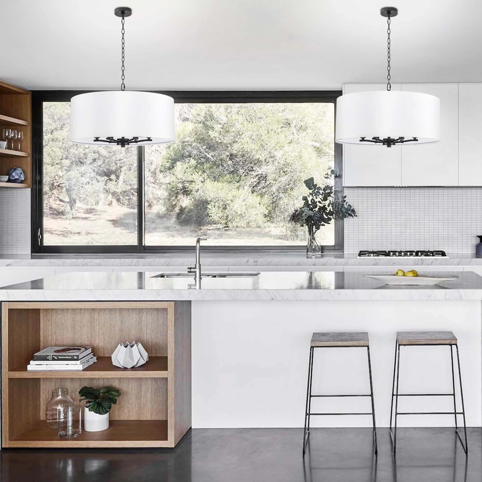 Stylish White Drum Pendant Lights Fixtures Lighting Over Dining Table With Adjustable Chain For Kitchen Island Hallway
