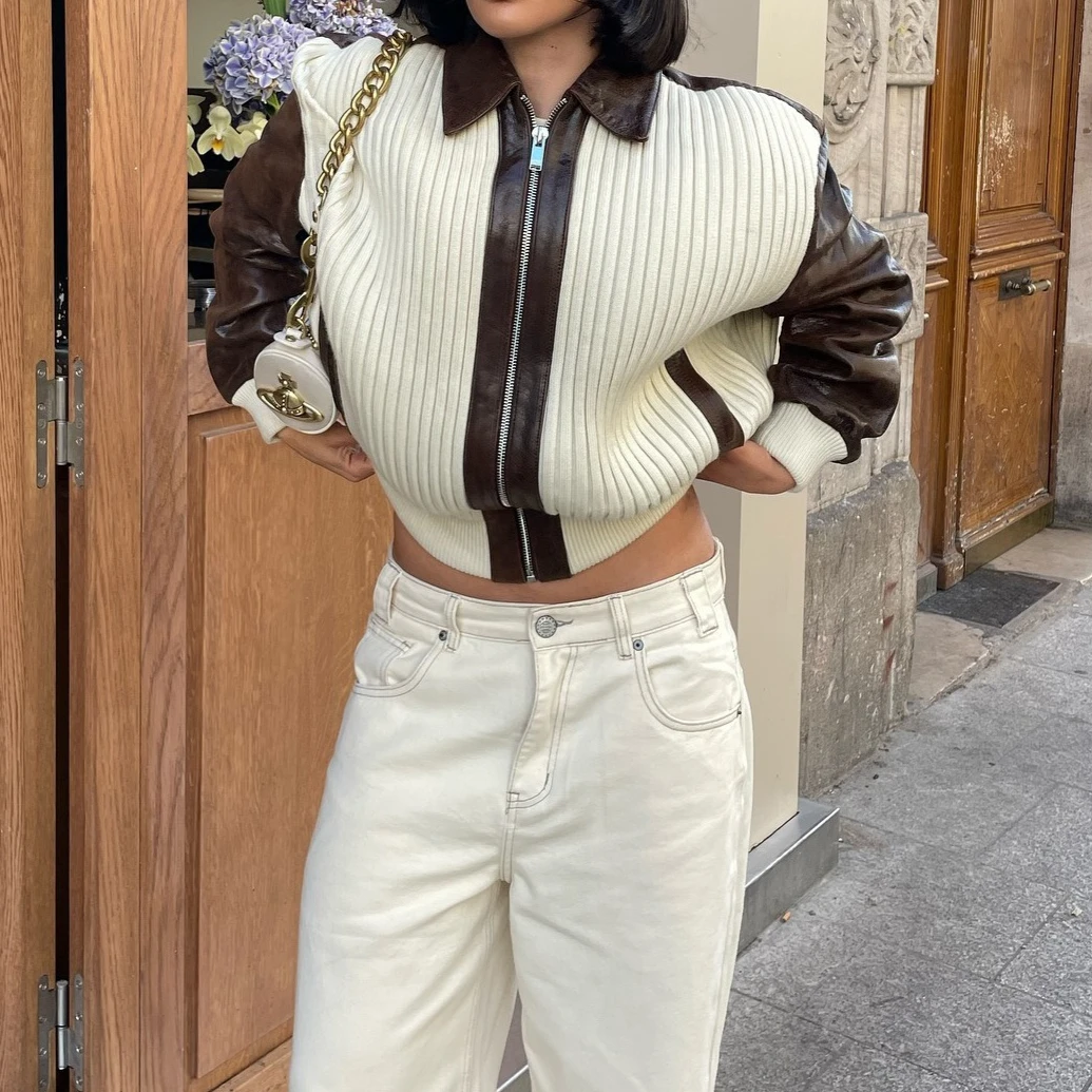 

Вязаная кожаная куртка, женский свитер с длинными рукавами Y2K, острый уличный массивный пальто