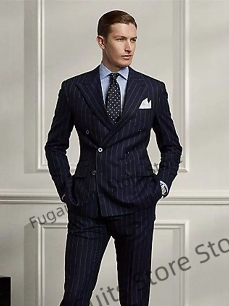 

Business Navy Bule Stripe Wedding Men Suits Slim Fit Peak Lapel Groom Tuxedos 2 Pieces Sets Office Male Blazer Costume Homme