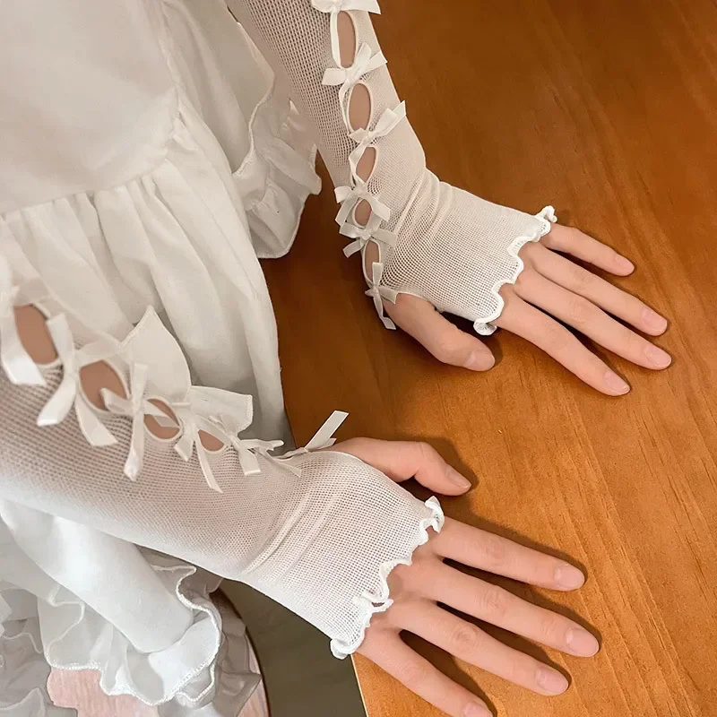 Sexy White Hollow Satin Bow Lace Gloves Lolita Bride Thin Sun Protection Arm Sleeves Women Summer Fingerless Sunscreen Mittens