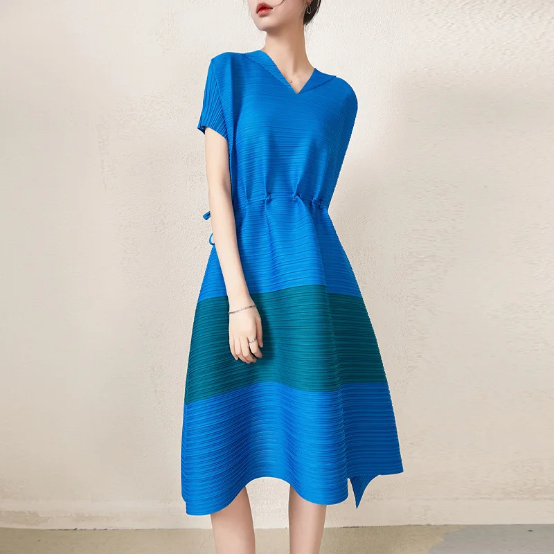 

Miyake Pleated Dress For Women Summer Contrast Color Draw String Stretchable Loose V Neck Short Sleeve Irregular Dress
