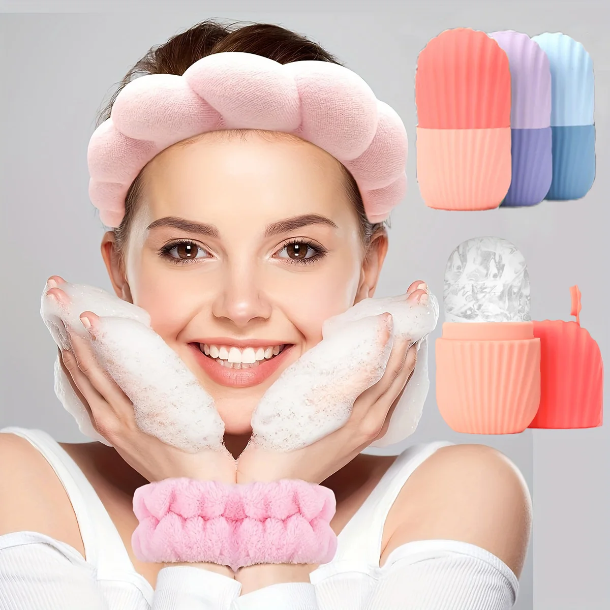 3-piece spa headband and wristband set, upgraded ice roller, facial beauty ice roller, ice cubes, facial massage