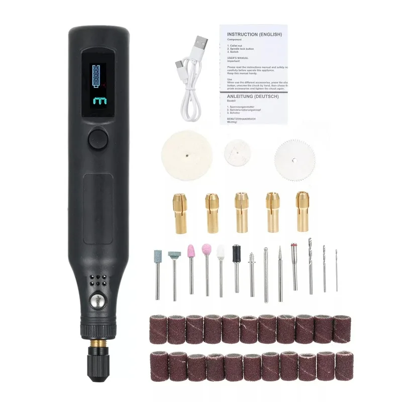 1500mAh battery, 3-speed setting, 25 piece accessory kit, electric polishing machine, cordless rotary with digital display