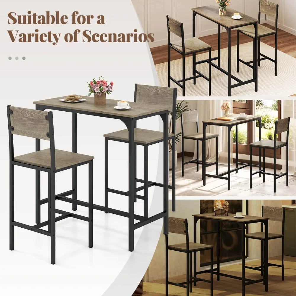 3 Piece Bar Table & Chair Set Kitchen Table w/ 2 Bar Stools for Small Space