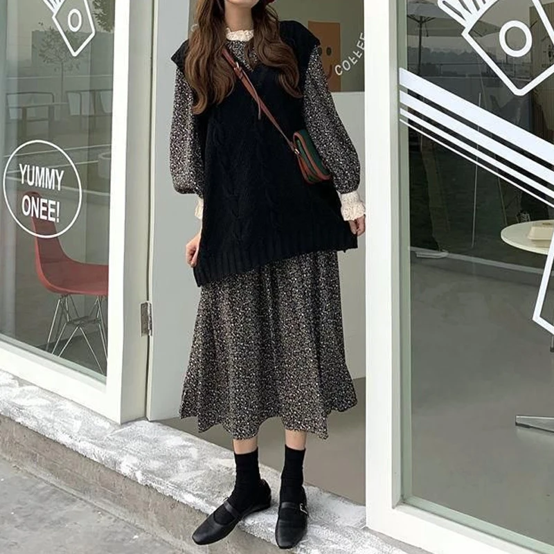 Vintage Loose Lace Patchwork Floral Dress Spring Autumn Long Sleeve Print Korean Midi Dress Fashion High Street Women Clothing