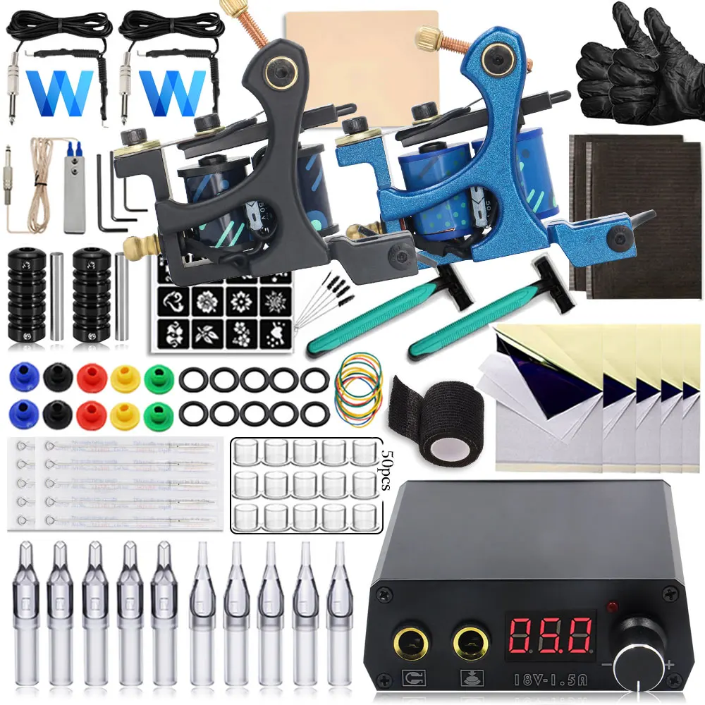 

Complete Coils Tattoo Machine Gun Kit Power Supply with Practice Skin Tattoo Needle for Liner Shader Machine Tattoo Beginner Set