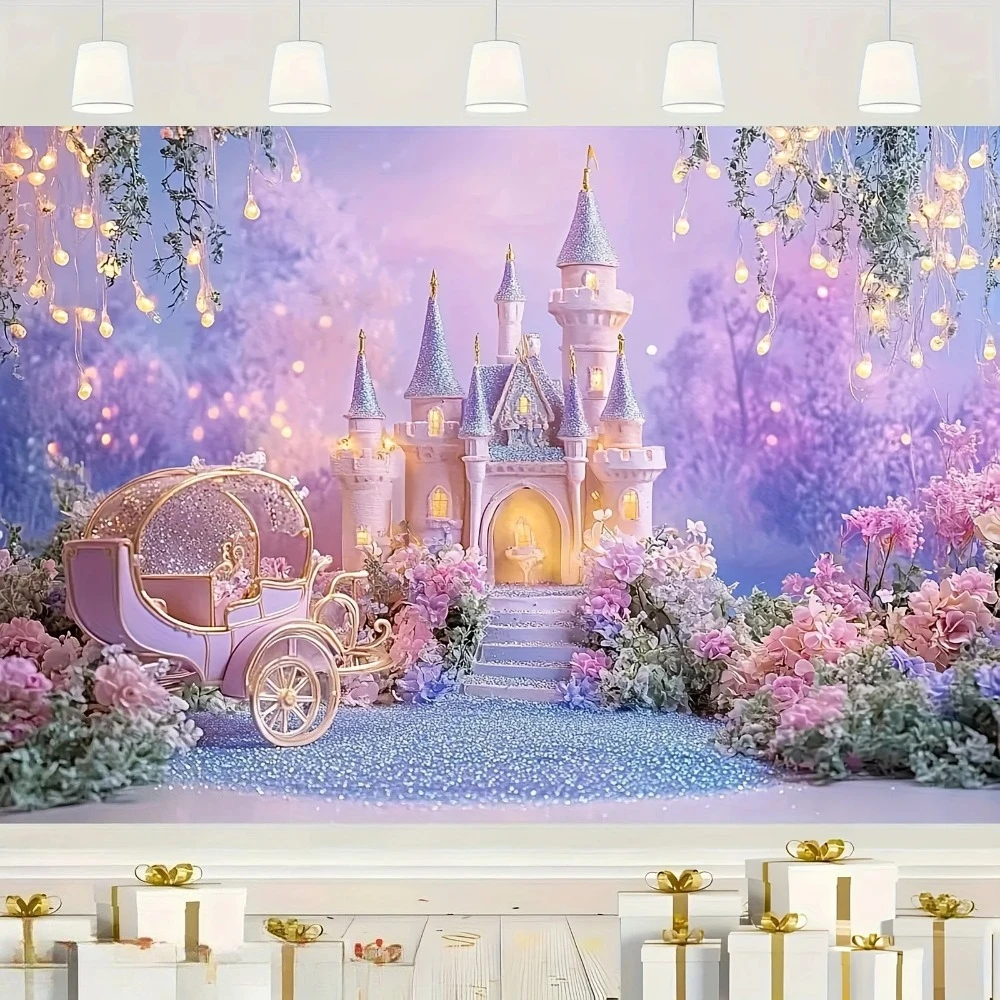 Glänzende Prinzessinnenkutschen- und Blumenbanner-Kulisse, Fotografie-Hintergrund für die Geburtstagsfeier von Kindern und Mädchen