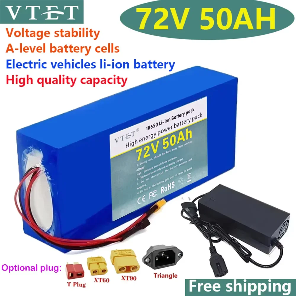 2024 New 72V 10-50Ah 18650 Lithium Battery Pack Electric High Quality Battery 3000W BMS High Power Battery + 84V 3A Charger DIY