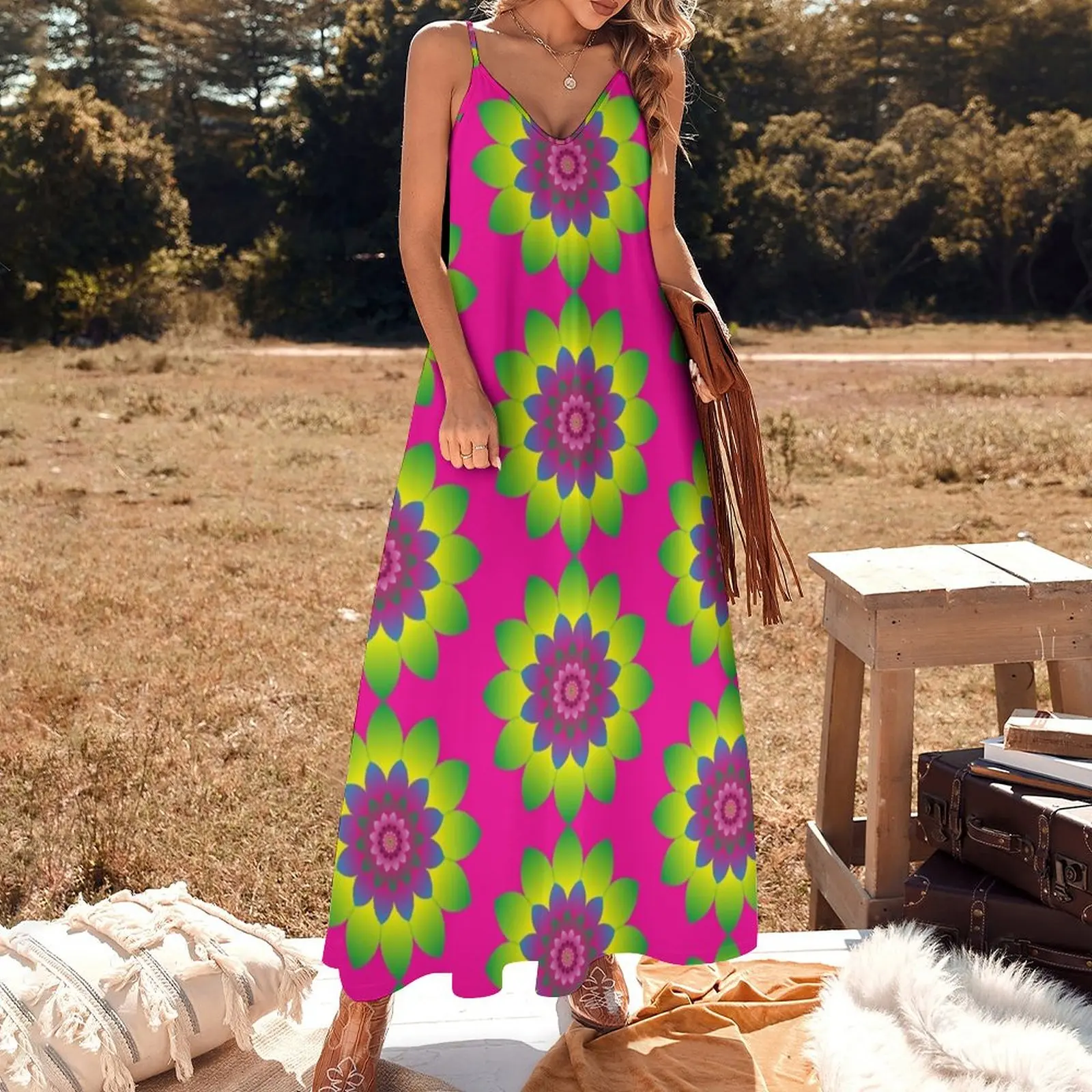 Vestido Mandala Flower Fairy sem mangas, Vestido chique e elegante, Retro, Poder