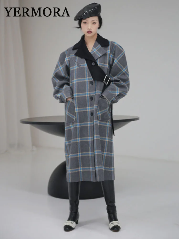 YERMORA Gray Plaid Buckle Big Size Elegant Woolen Coat New Lapel Long Sleeve Women Jacket Fashion Tide Autumn Winter 2024