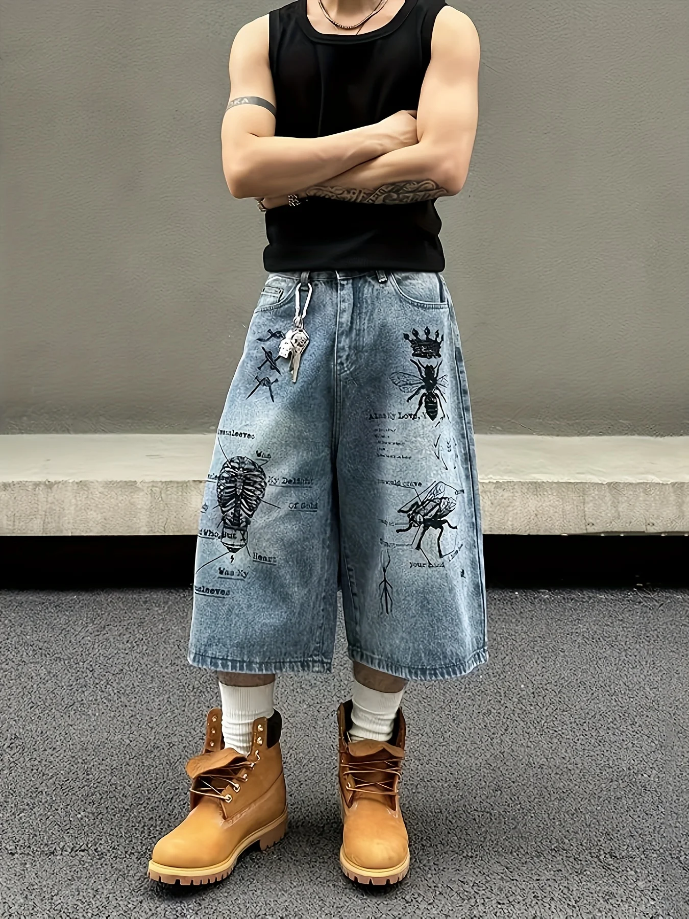 

Мужские джинсовые шорты с граффити в американском ретро-стритном стиле, свободные прямые повседневные укороченные брюки