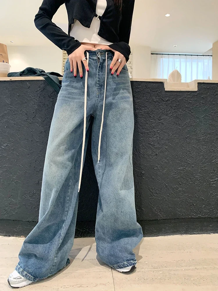 

Широкие джинсы на шнурке в стиле Y2K для женщин, с высокой талией, утягивающие, весенний дизайн, свободные брюки