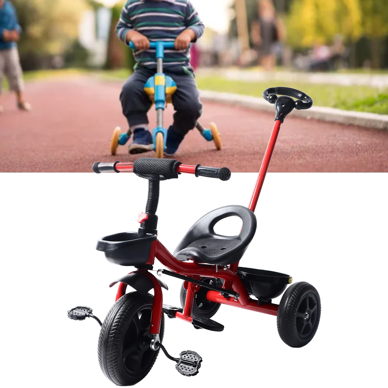 Child's Tricycle Ride On Trike Toddler Tricycle with Parent Push Handle Backrest Safety Belt Tricycle Children Ride On Trike