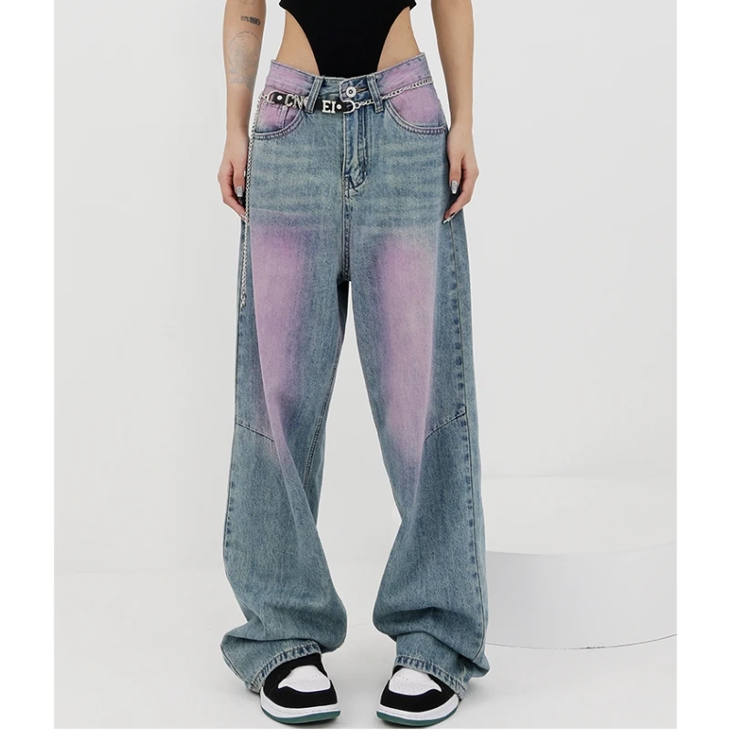 

Blue Jeans Women Contrasting Colors High Waist American Street Wide Leg Pants Fashion Baggy Vintage Straight Autumn New Trousers