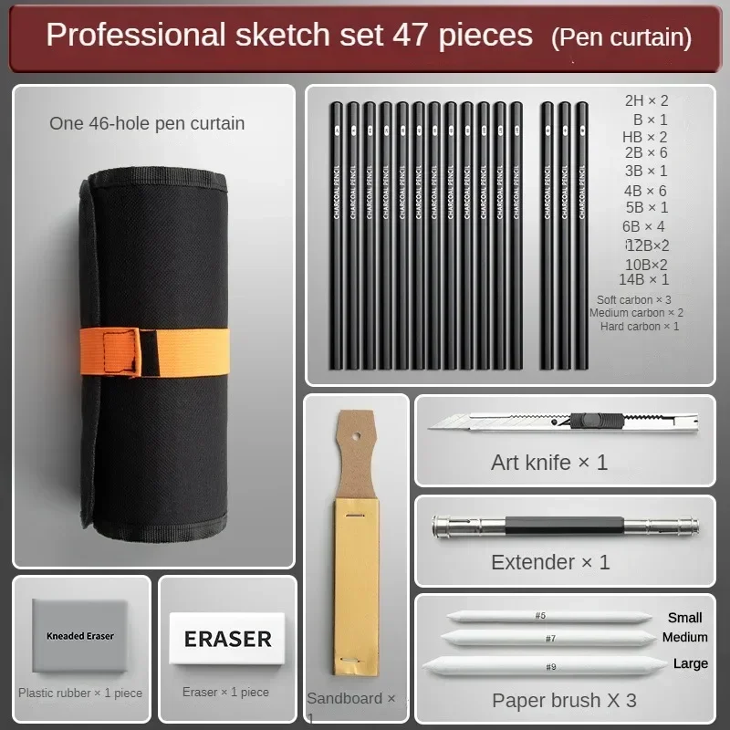 Esboço Lápis Set com Pen Bag, Pintura a Lápis Profissional, Desenho Ferramenta, Material Escolar, Papelaria, Grande Capacidade, 27 Pcs, 38 Pcs, 47