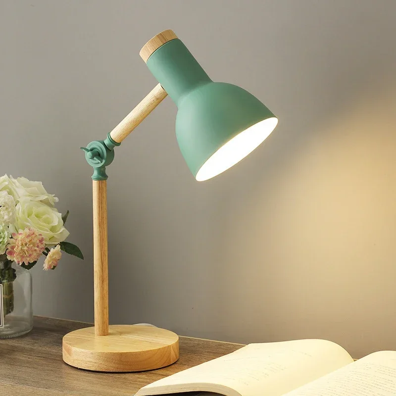 Wood Creative Nordic Table Lamp Wooden Art LED Turn Head Simple Bedside Desk Light/Eye Protection Reading&Bedroom Study Lamp E27