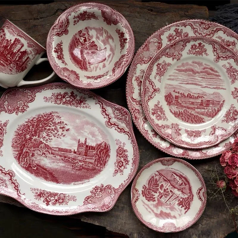 Vintage Red Castle Ceramic Dinning Plate Exquisite Household Tableware Living Room Decorative Plates